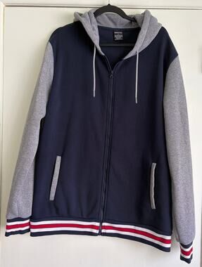 Ring of Fire Varsity Colorblock Zip Up Hoodie Navy Blue Gray Men's XL